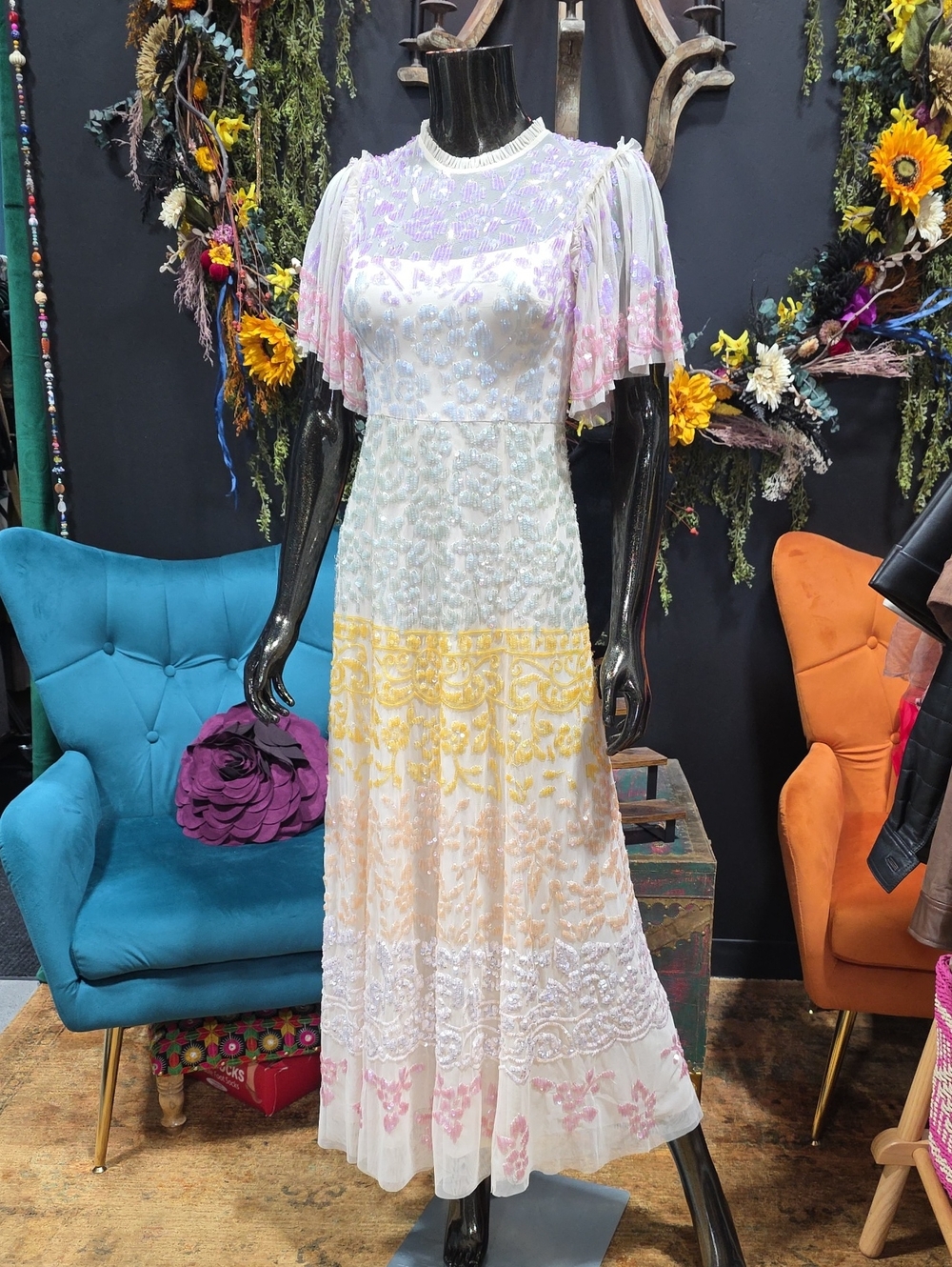 Needle & Thread Pastel Lace Maxi Dress in White, Yellow, Pink & Lavender